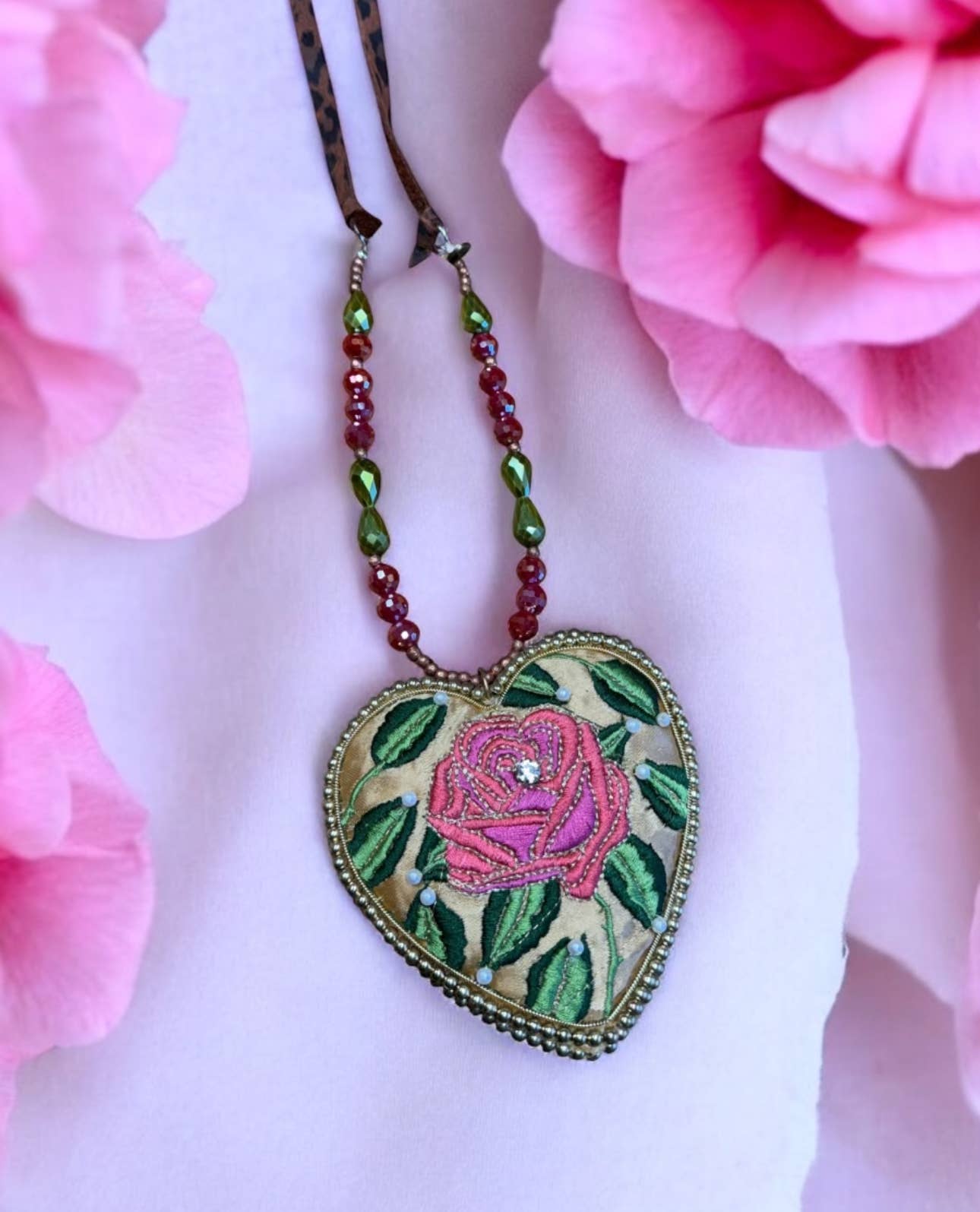 Satin Embroidered Rose Heart Necklace - ivyandlavyboutique A Rare Bird Shop