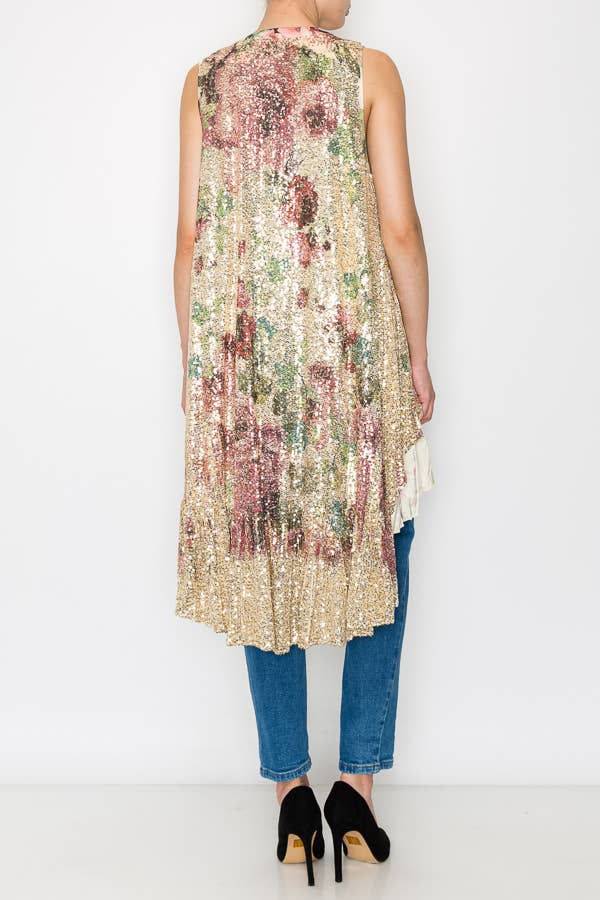 SATIN TRIMMED ALL SEQUIN LONG VEST - ivyandlavyboutique Origami Apparel ~ Lace and Crochet inspired