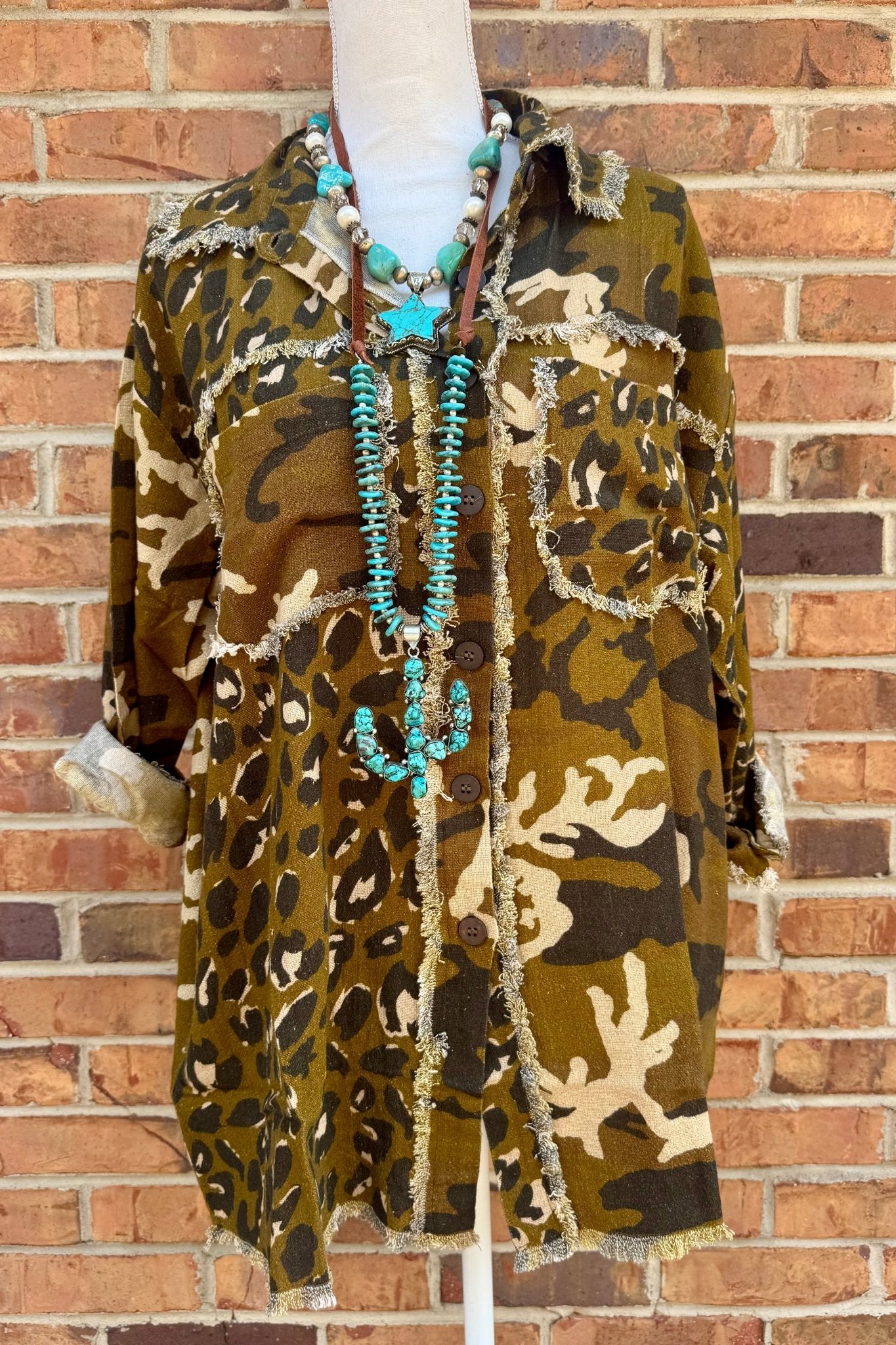 Shacket with Leopard/Camo & Geronimo Patchwork on Back - ivyandlavyboutique LeParisPetit by I Love Linen