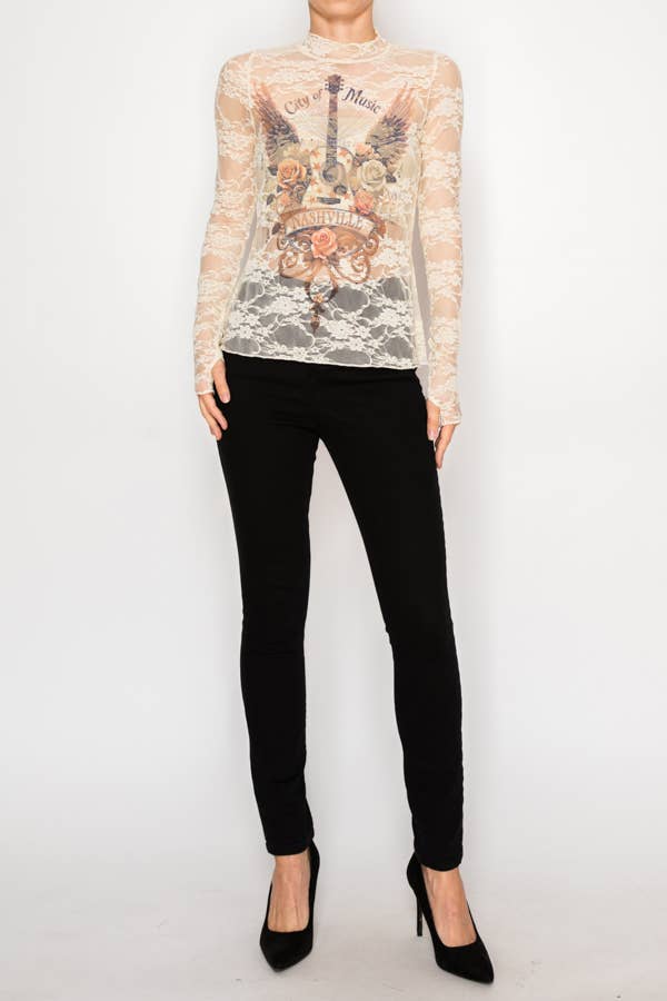 Sheer Flower Lace Mesh Long Sleeve Top CITY OF MUSIC - ivyandlavyboutique Origami Apparel ~ Lace and Crochet inspired