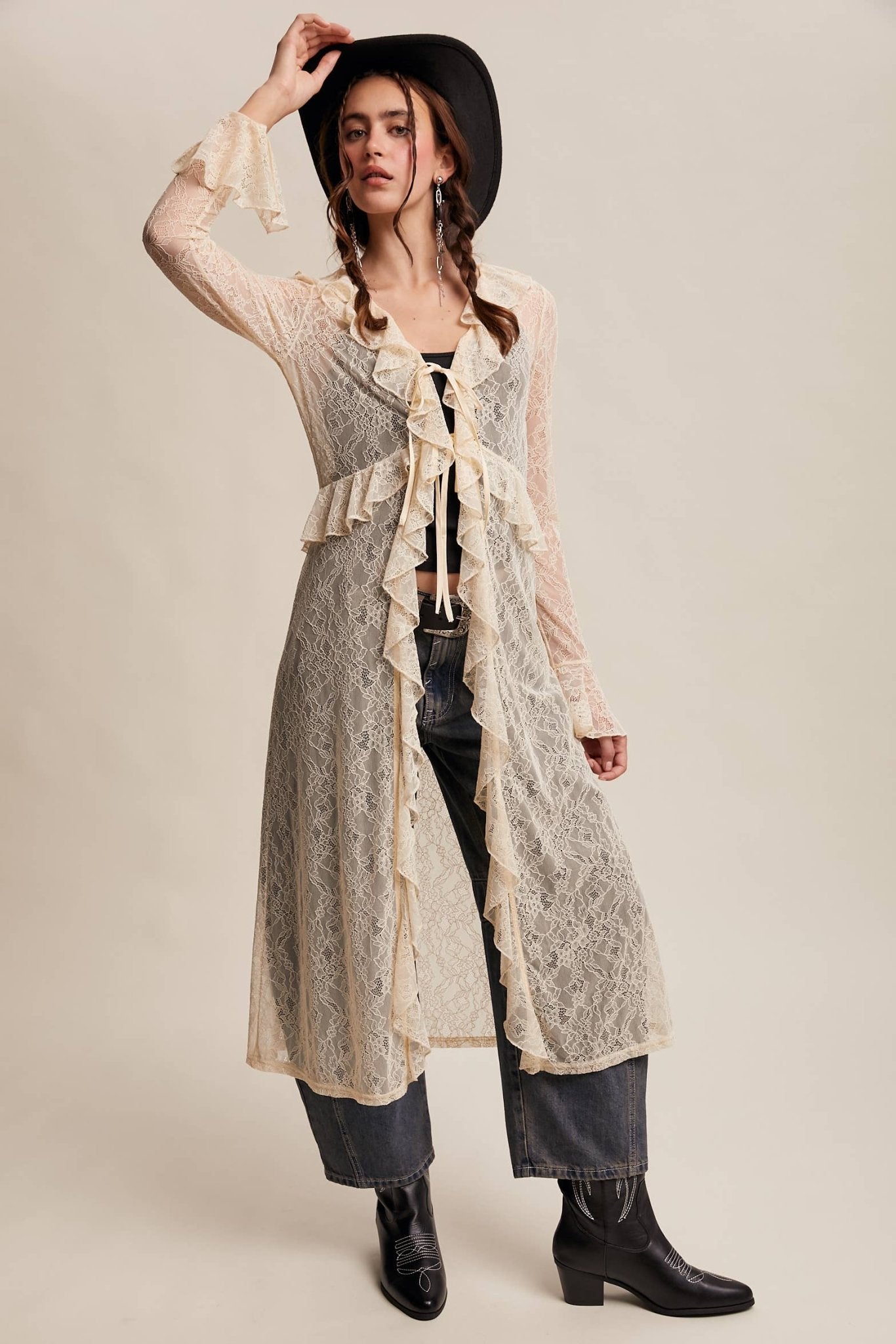 Sheer Lace Ruffle Duster in Eru - ivyandlavyboutique Listicle