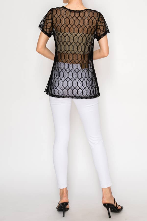 Sheer Lattice Mesh Short Sleeve Blouse - ivyandlavyboutique Origami Apparel ~ Lace and Crochet inspired