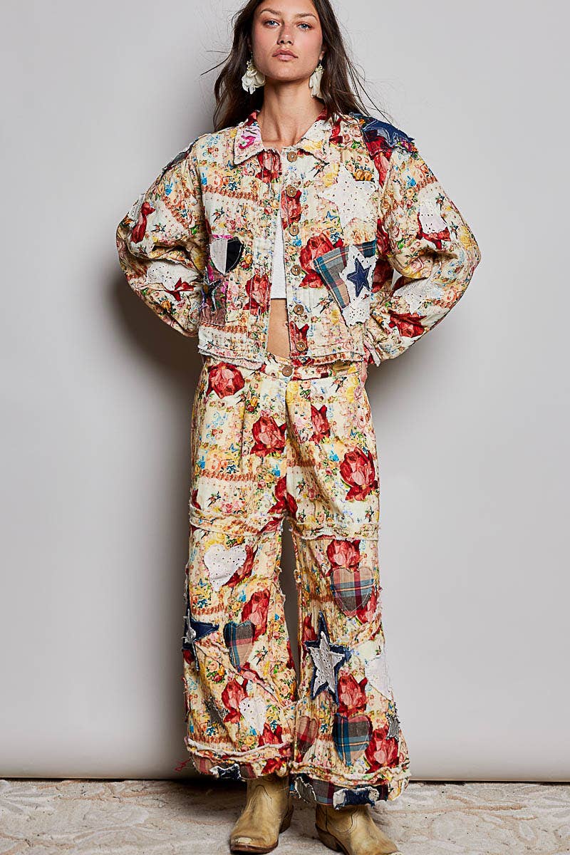 She's Artsy Mixed Fabric Patchwork Long Sleeve Cropped Woven Jacket - ivyandlavyboutique Pol Clothing