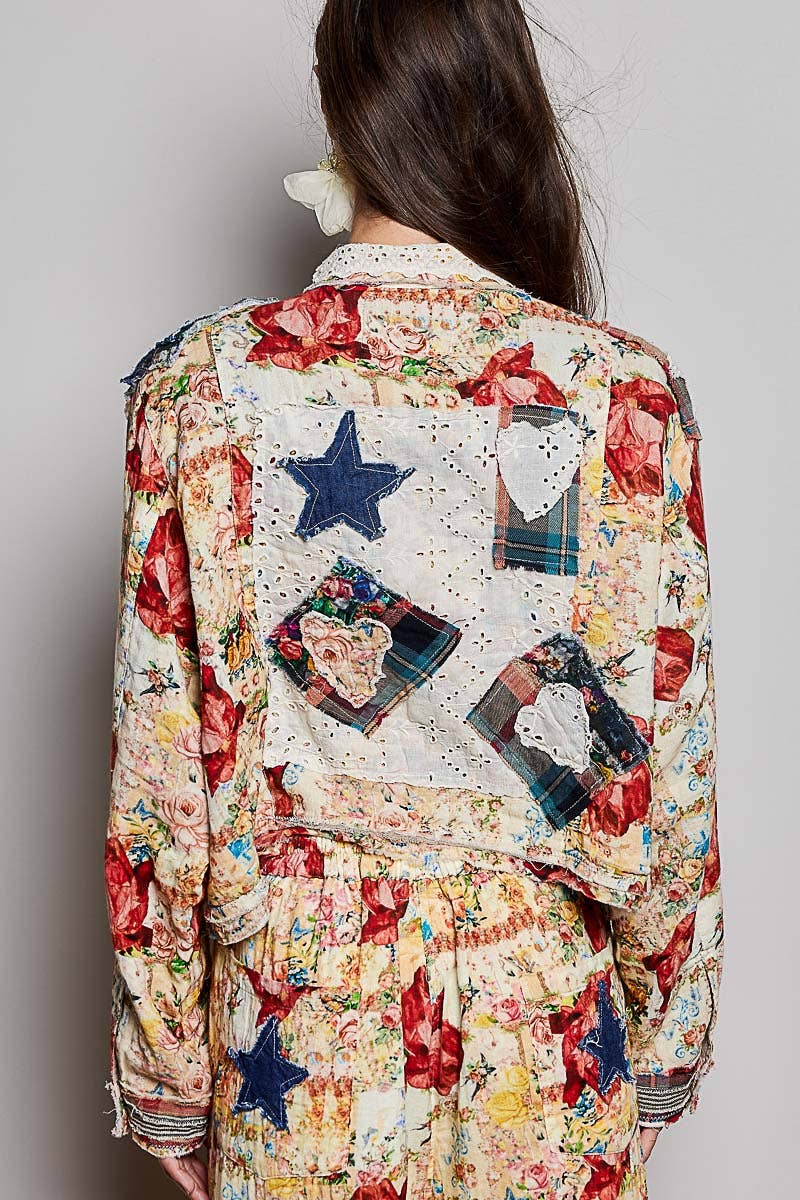 She's Artsy Mixed Fabric Patchwork Long Sleeve Cropped Woven Jacket - ivyandlavyboutique Pol Clothing