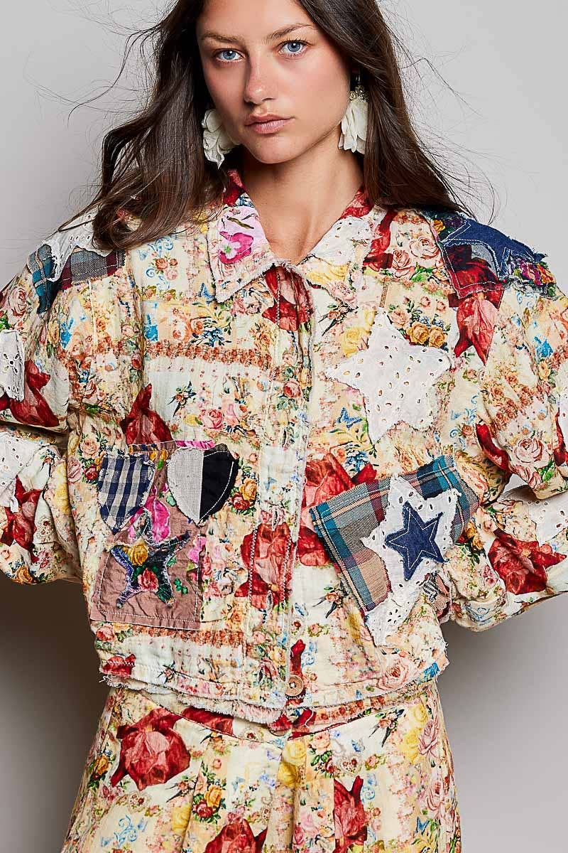 She's Artsy Mixed Fabric Patchwork Long Sleeve Cropped Woven Jacket - ivyandlavyboutique Pol Clothing
