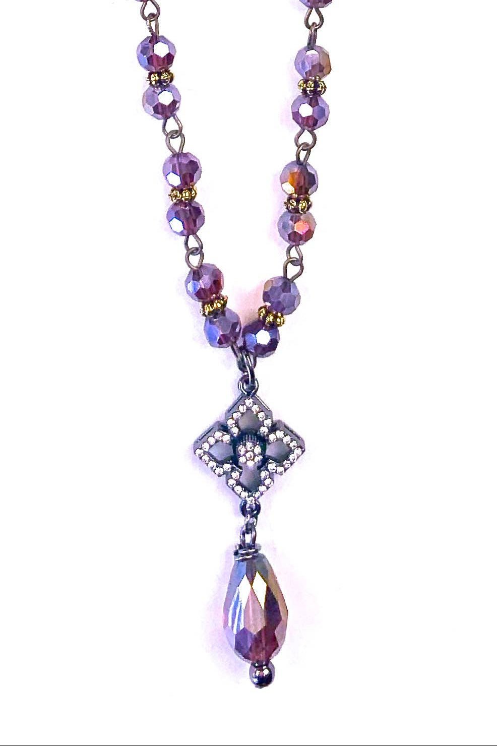 Short Rosaried & Pave Drop Pendant Necklace Purple - ivyandlavyboutique Lost & Found Trading