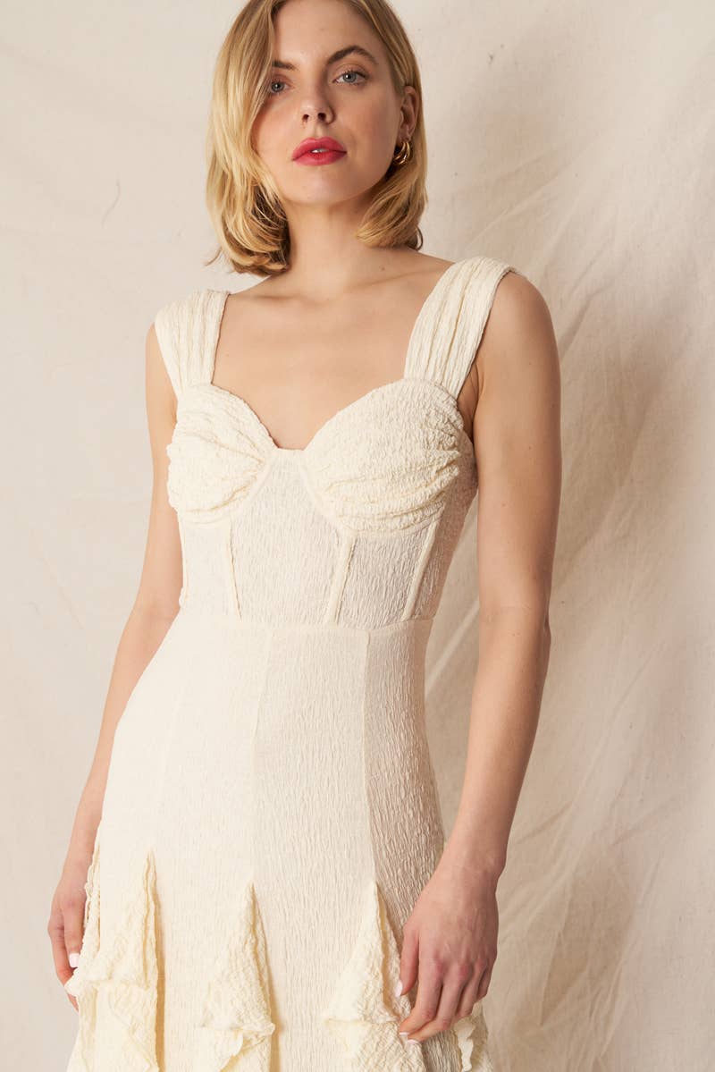 Sleeveless Corset Top Ruffle Maxi Dress: Ivory - ivyandlavyboutique En Crème