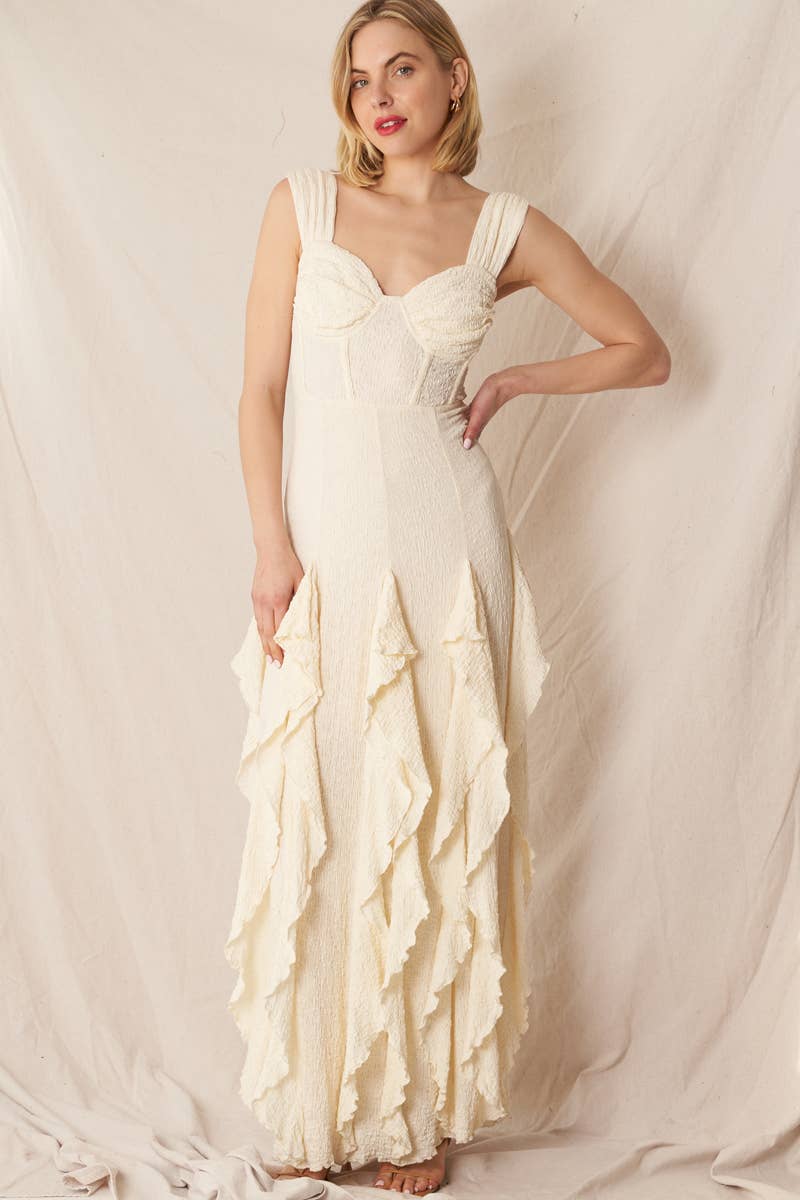 Sleeveless Corset Top Ruffle Maxi Dress: Ivory - ivyandlavyboutique En Crème