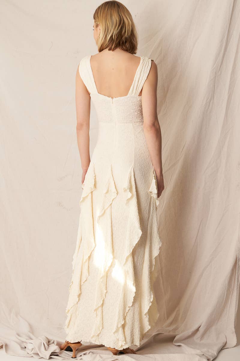 Sleeveless Corset Top Ruffle Maxi Dress: Ivory - ivyandlavyboutique En Crème
