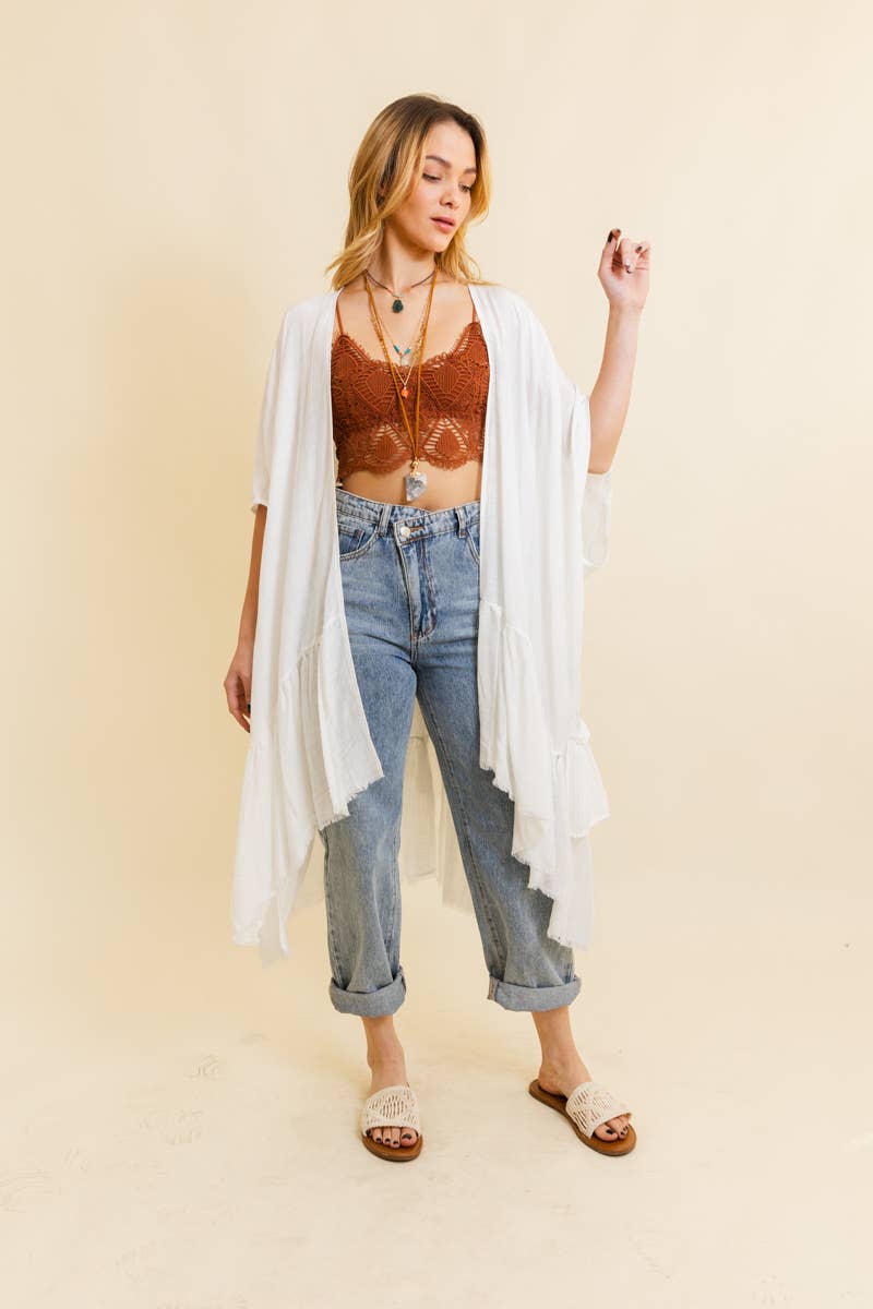 Solid Ruffle Edge Bohemian Kimono in Black - ivyandlavyboutique Leto Accessories