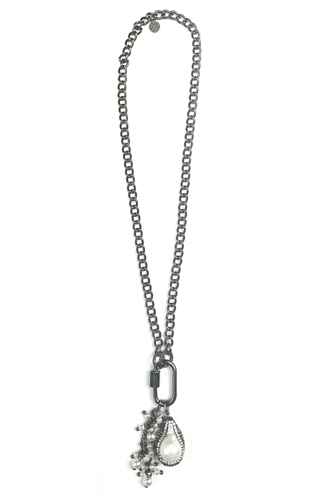 Sparkle Bright Med. Curb Chain w/Front Carabiner Pave Edge Pearl - ivyandlavyboutique Lost & Found Trading