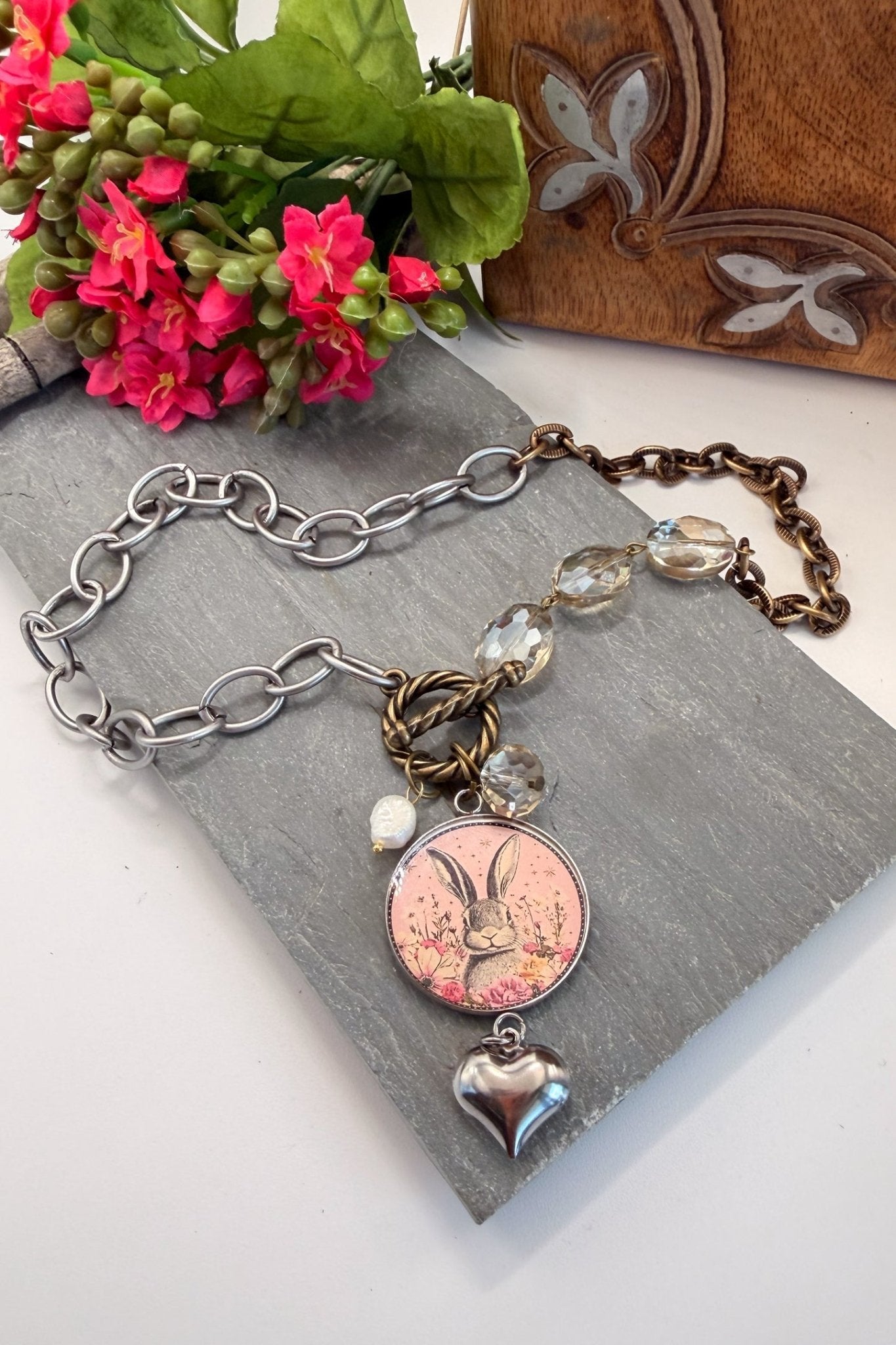 Spirit Lala: Rabbit Pop Art Pendant Toggle Clasp Crystal Chain Necklace - ivyandlavyboutique Spirit Lala