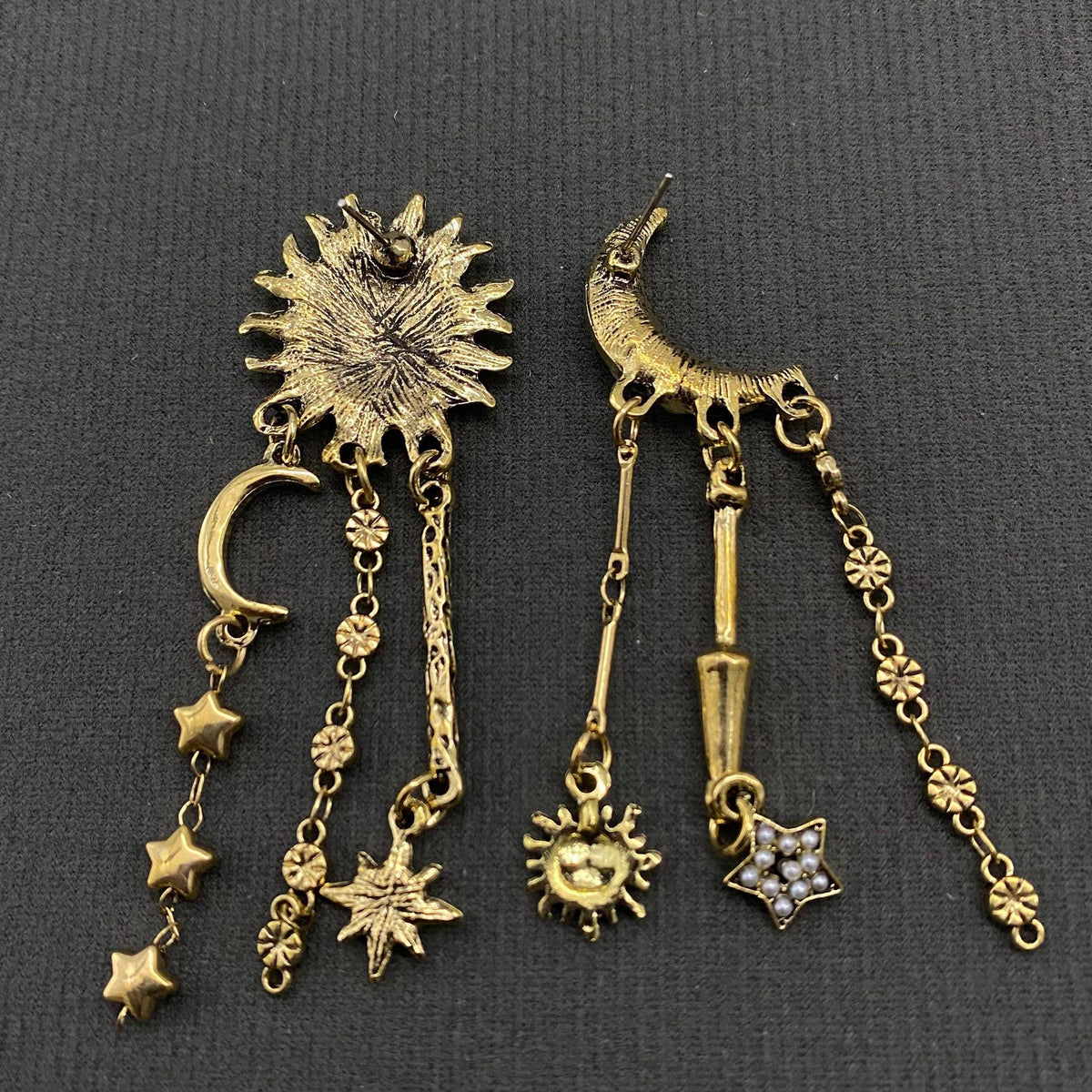 Star Fringe Asymmetric Sun Moon Post Earrings - MS - ivyandlavyboutique Mio Queena