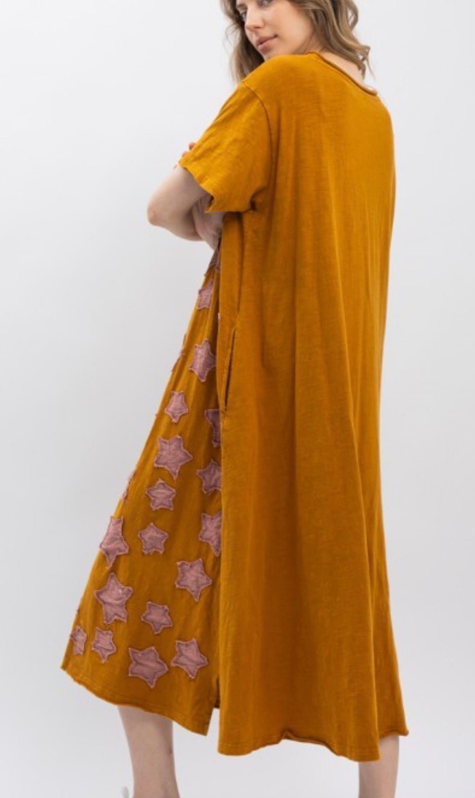 Star Patchwork Short Sleeve Dress - ivyandlavyboutique Blue Velvet