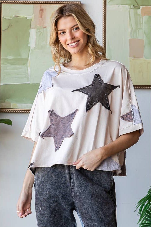 Starry Night Patchwork Washed Star Oversized Tee - ivyandlavyboutique Oli&Hali