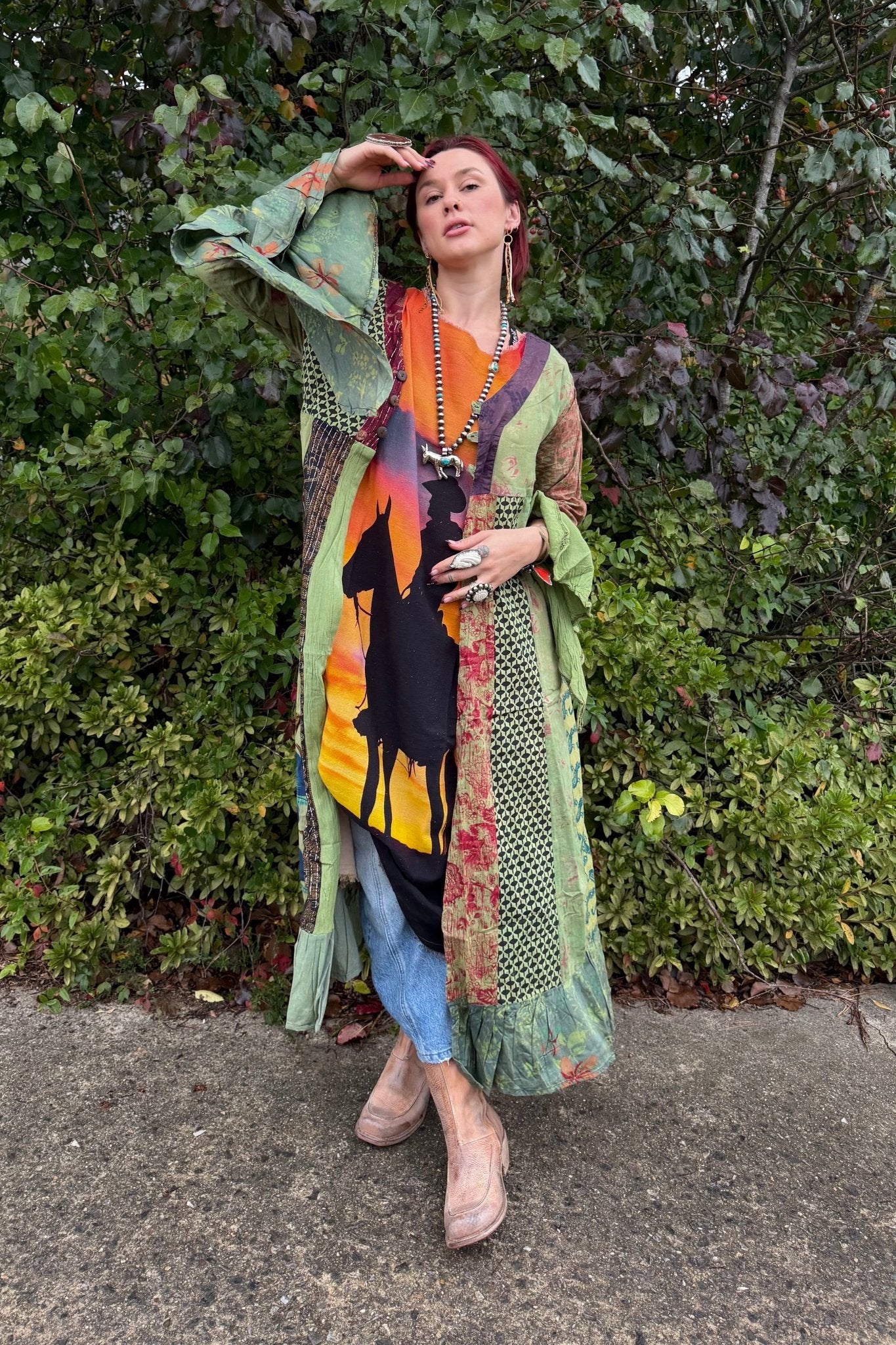 Stevie Nicks Bell Sleeve Button Front Kimono Top in Green - ivyandlavyboutique Kathmandu Imports