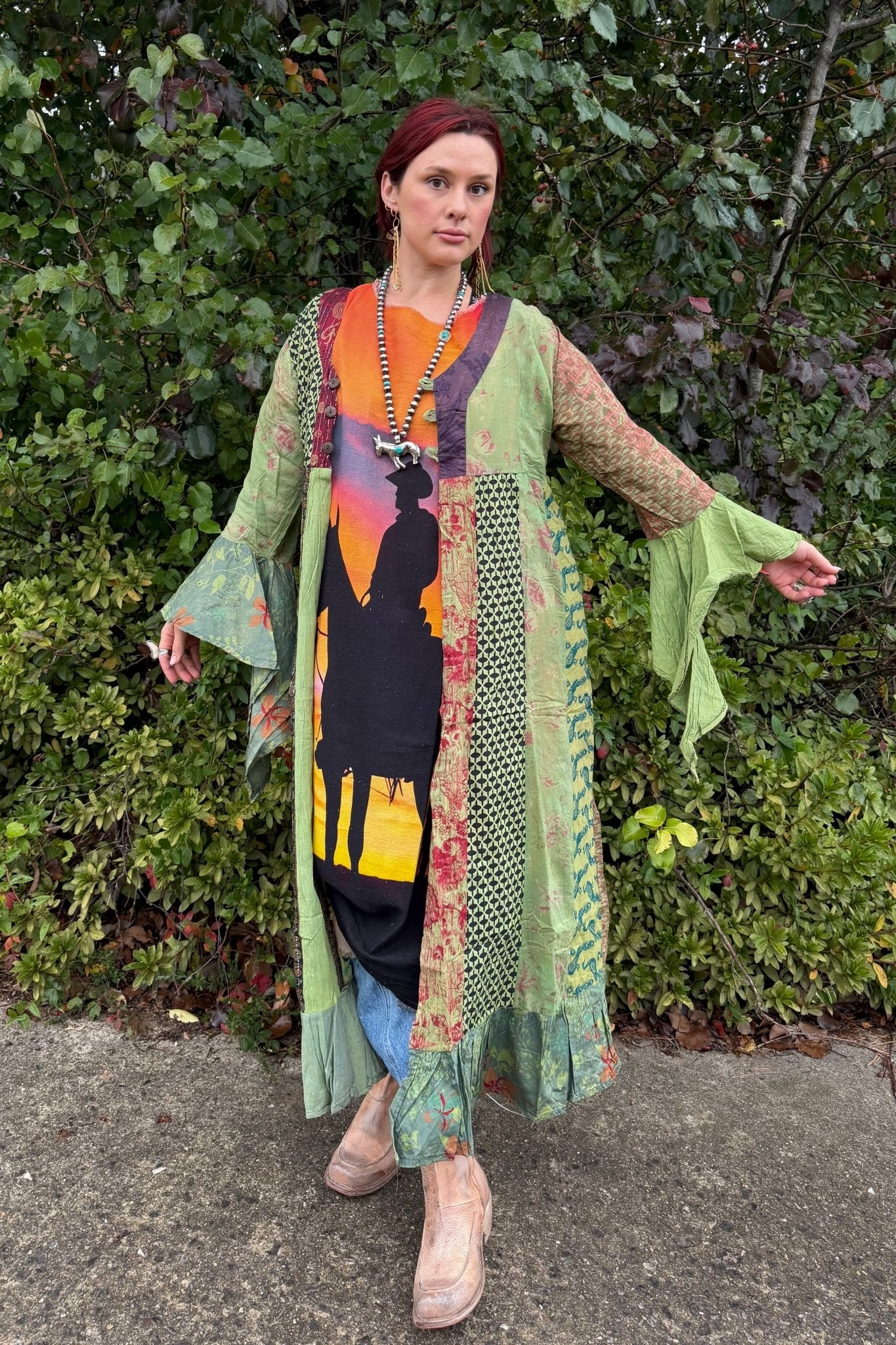 Stevie Nicks Bell Sleeve Button Front Kimono Top in Green - ivyandlavyboutique Kathmandu Imports