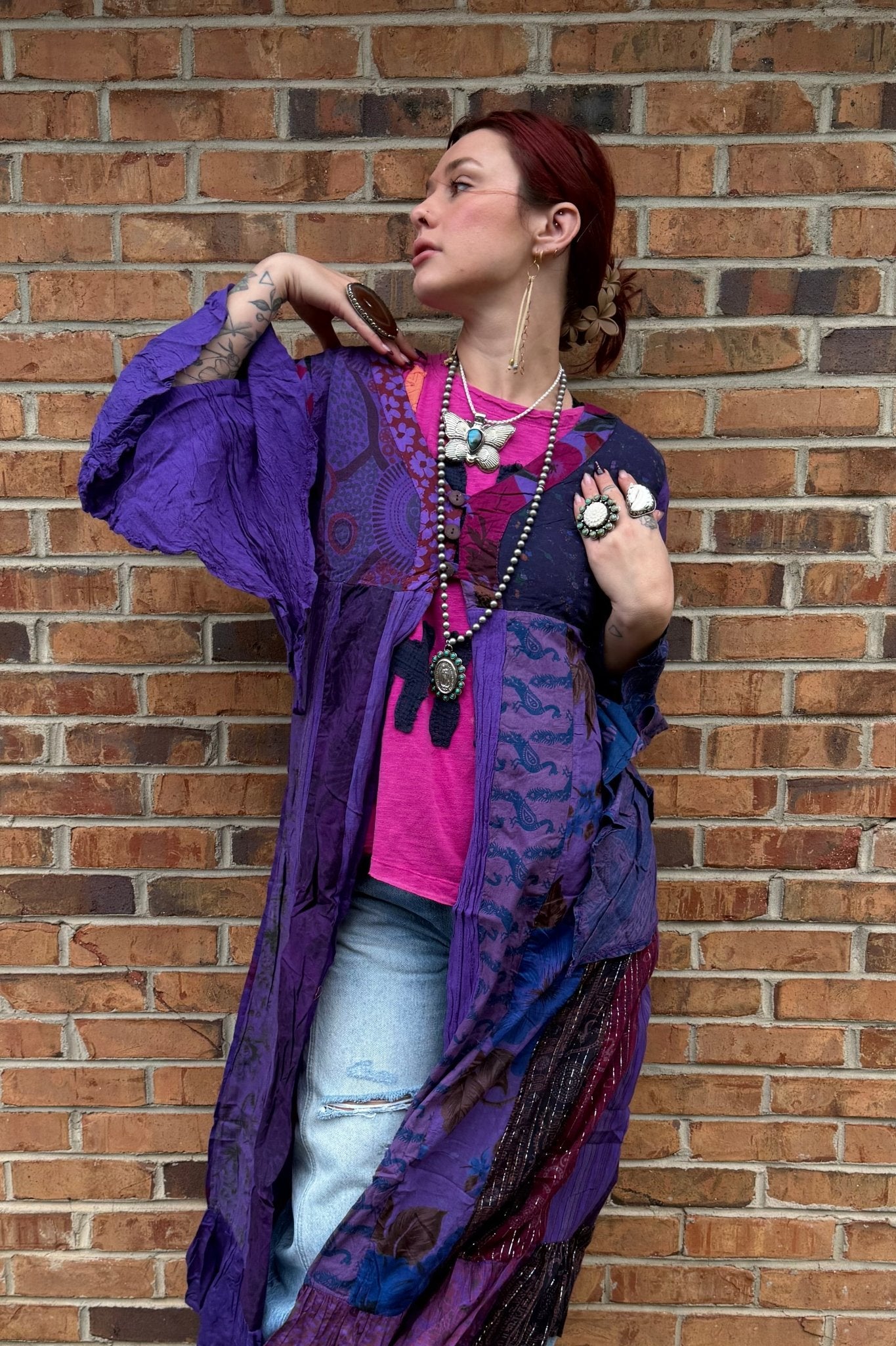 Stevie Nicks Bell Sleeve Button Front Kimono Top in Purple - ivyandlavyboutique Kathmandu Imports