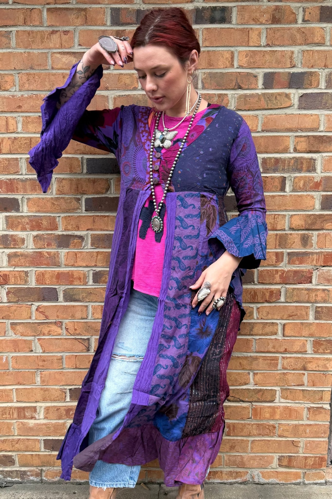 Stevie Nicks Bell Sleeve Button Front Kimono Top in Purple - ivyandlavyboutique Kathmandu Imports