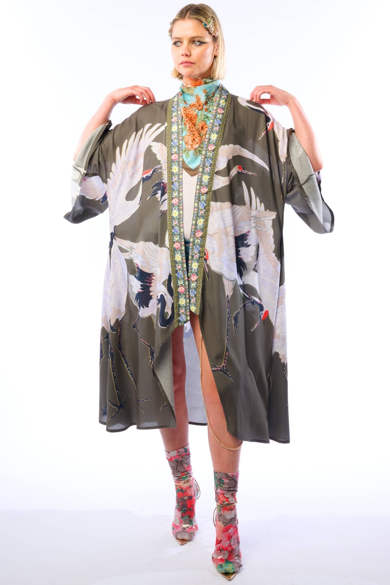 Story of the Crane Kimono: Vintage Charcoal / One Size - ivyandlavyboutique Aratta