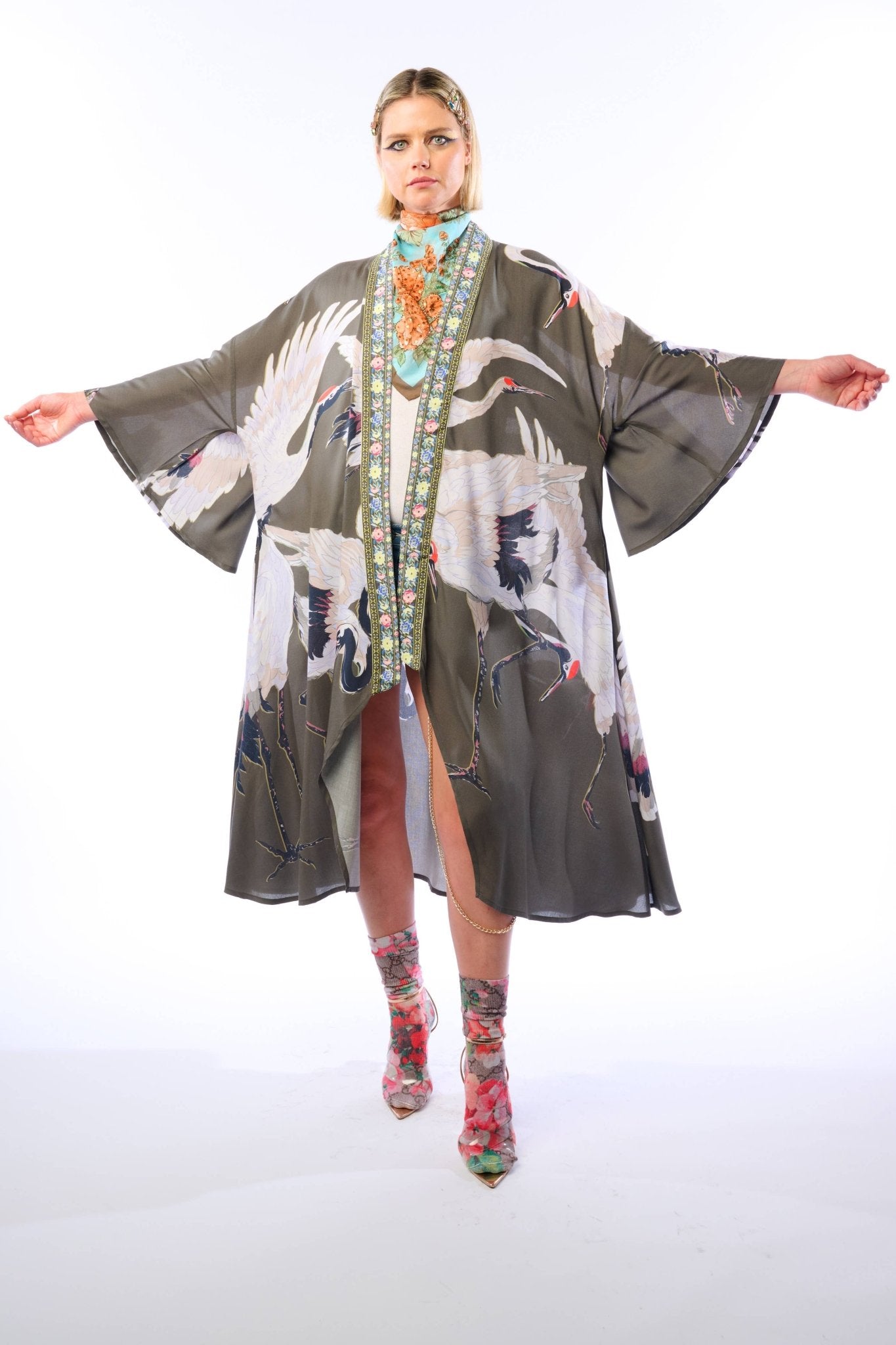 Story of the Crane Kimono: Vintage Charcoal / One Size - ivyandlavyboutique Aratta