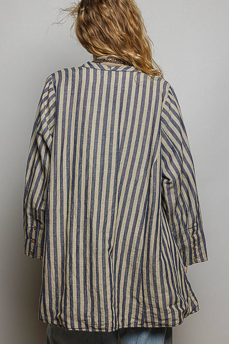 Stripe Pattern Asymmetrical Hem Lapel Style Woven Jacket - ivyandlavyboutique Pol Clothing