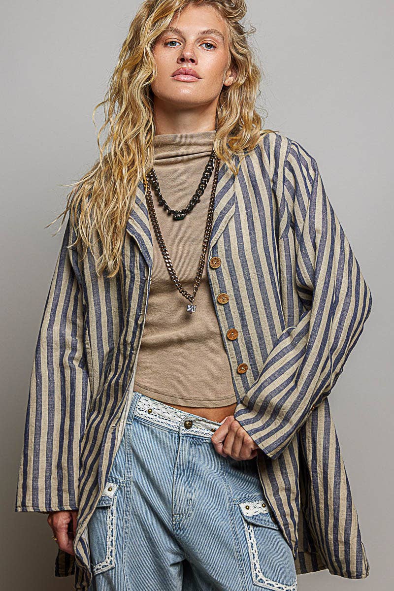 Stripe Pattern Asymmetrical Hem Lapel Style Woven Jacket - ivyandlavyboutique Pol Clothing