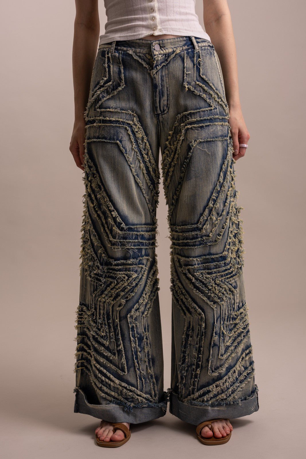 Stunner Wide Leg Denim Star Patched Pants - Boho Wanderlust Boutique Blue Velvet