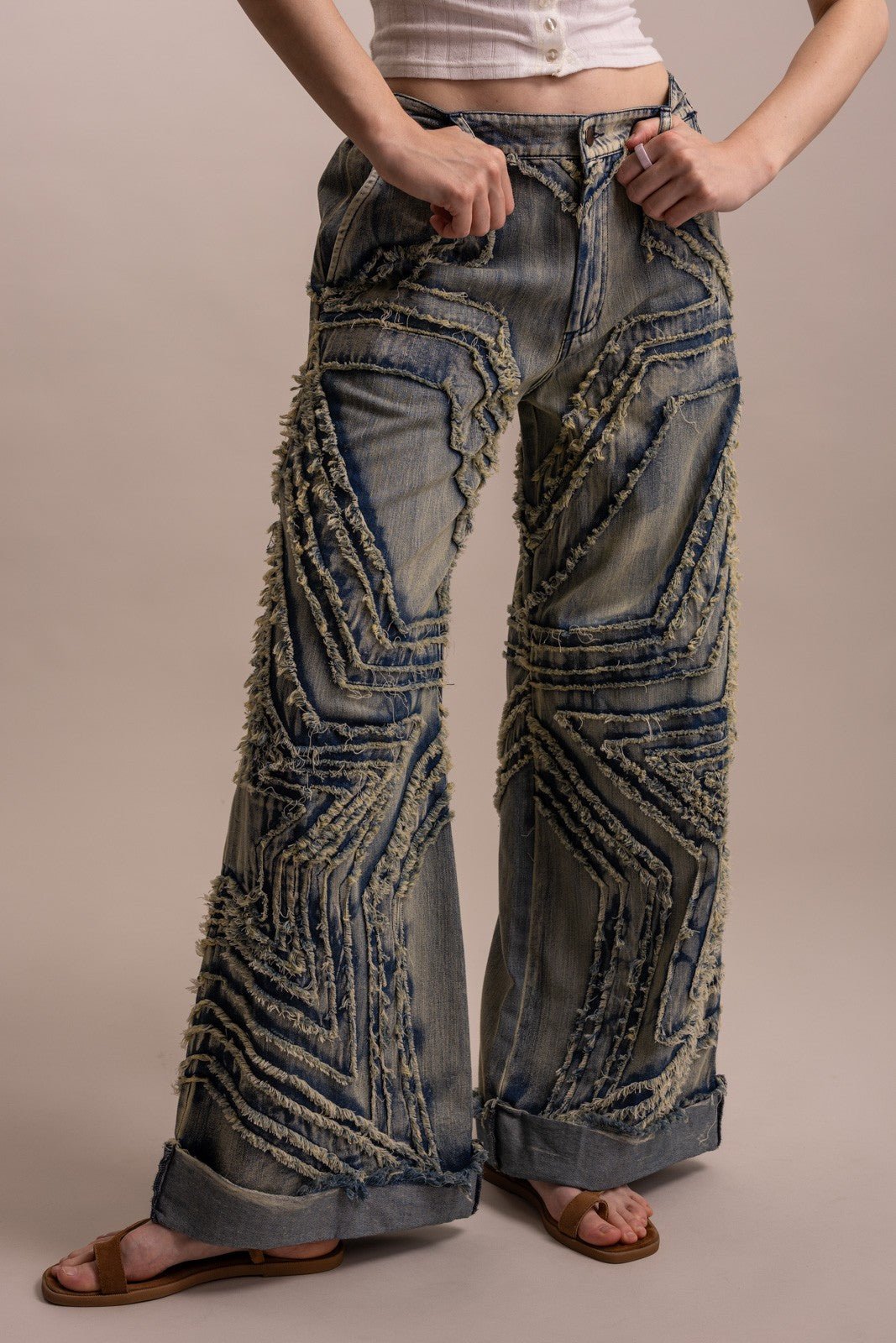 Stunner Wide Leg Denim Star Patched Pants - Boho Wanderlust Boutique Blue Velvet