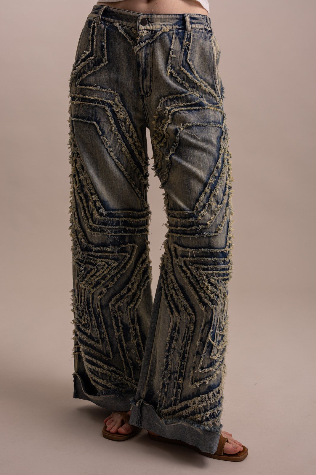 Stunner Wide Leg Denim Star Patched Pants - Boho Wanderlust Boutique Blue Velvet