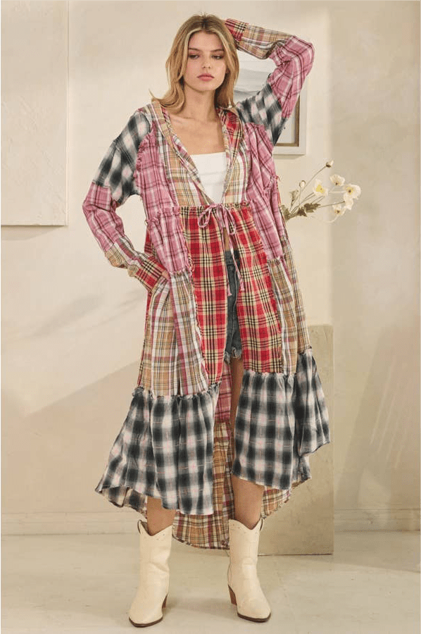 Sweet Fall Night Flannel Duster w/ Front Tie - ivyandlavyboutique Oli&Hali