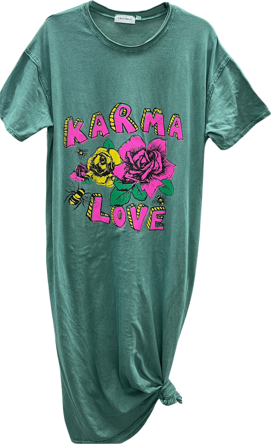T-Shirt Dress with 'Karma Love' Print in Green - ivyandlavyboutique LeParisPetit by I Love Linen