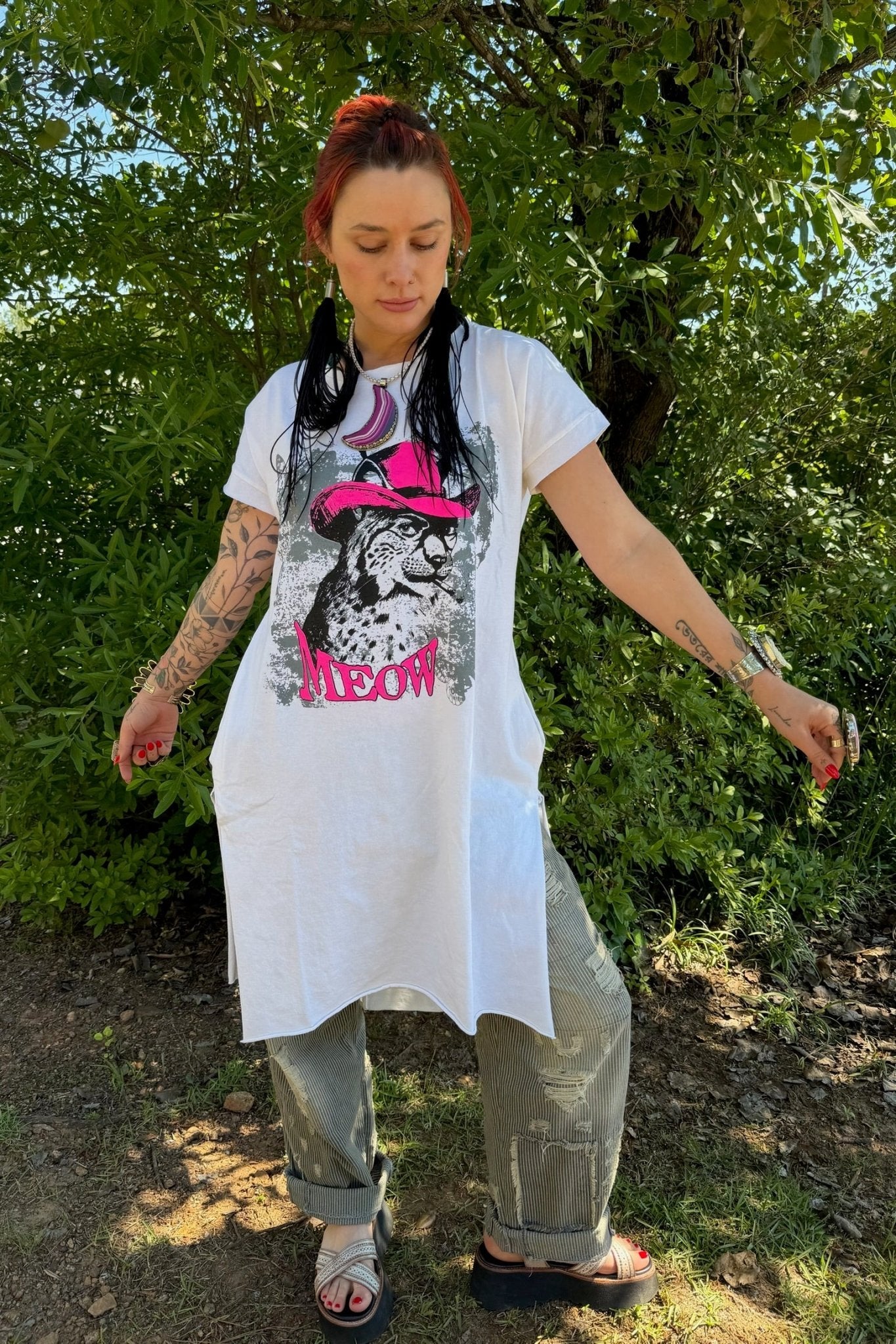 T-Shirt Dress with Kitschy Meow Smoking Cat - ivyandlavyboutique LeParisPetit by I Love Linen
