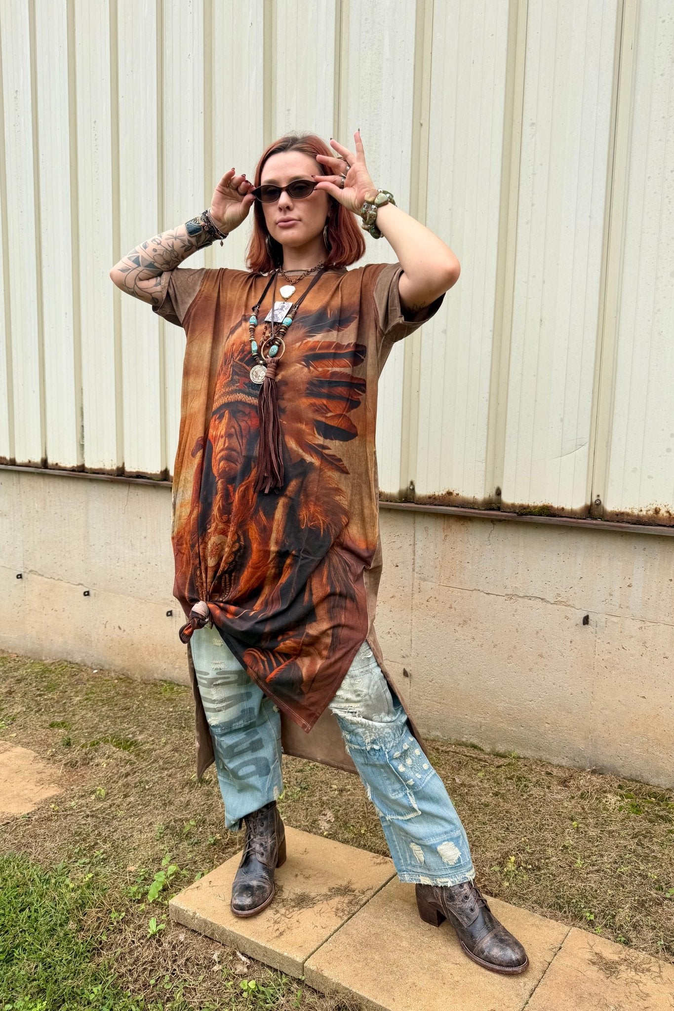 T-Shirt Dress with Print of Indian Warrior in Brown - ivyandlavyboutique LeParisPetit by I Love Linen