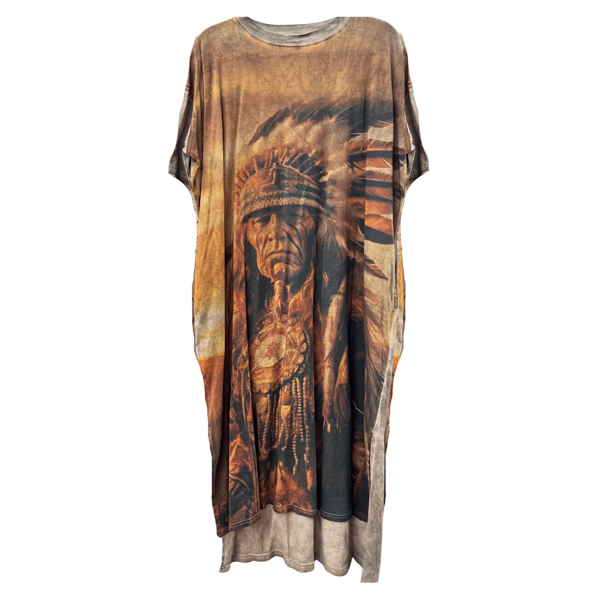 T-Shirt Dress with Print of Indian Warrior in Brown - ivyandlavyboutique LeParisPetit by I Love Linen