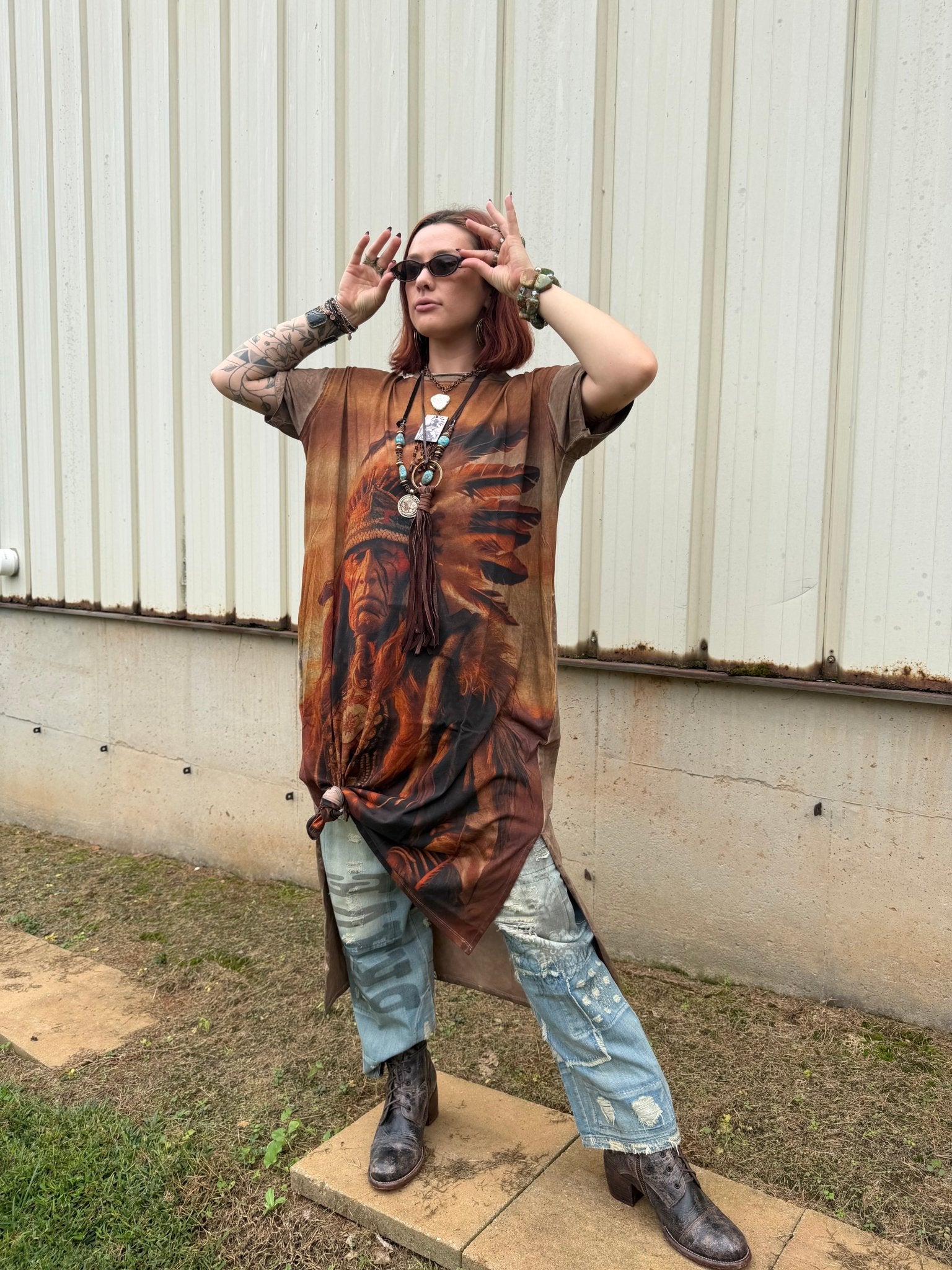 T-Shirt Dress with Print of Indian Warrior in Brown - ivyandlavyboutique LeParisPetit by I Love Linen