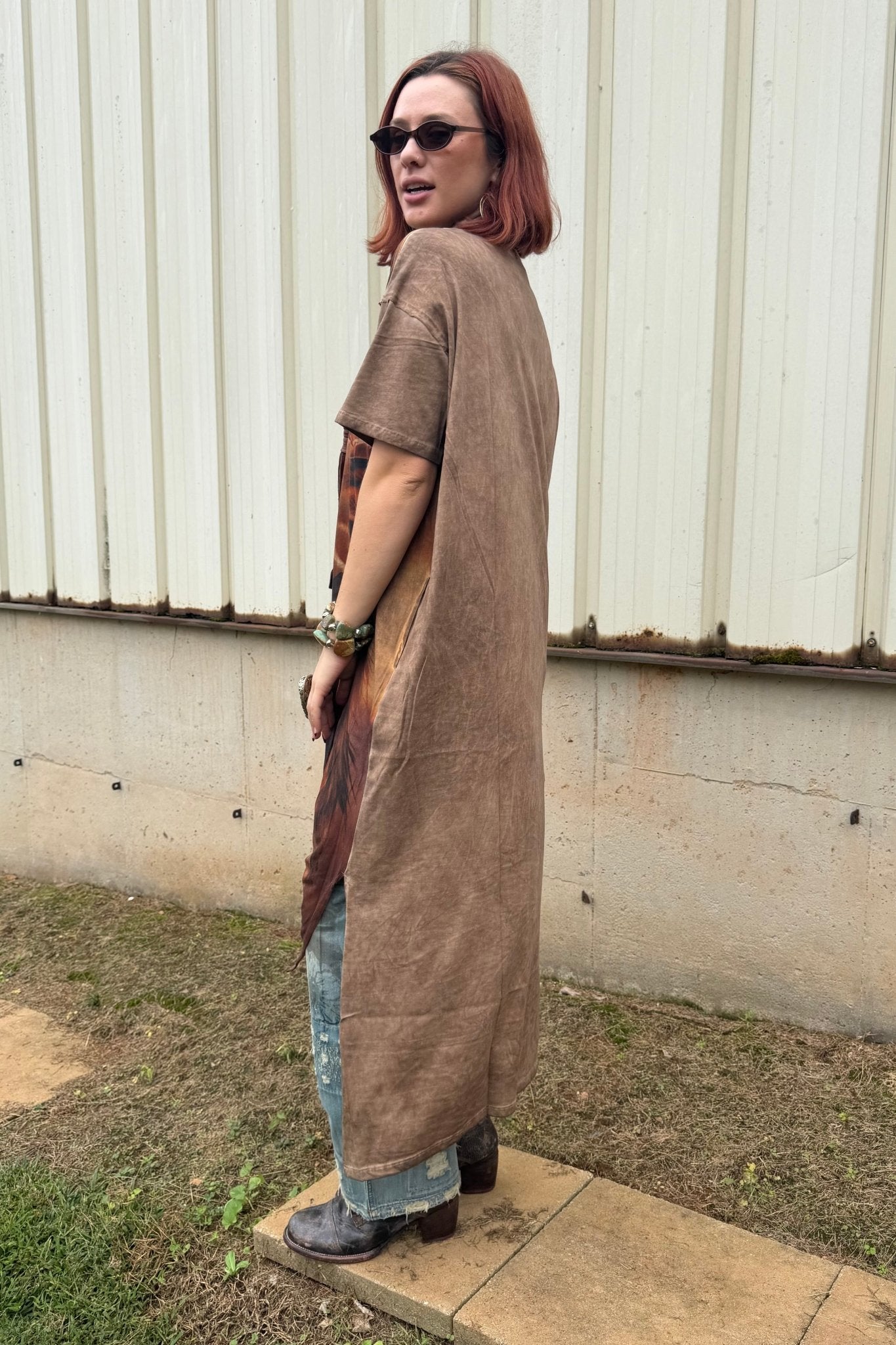 T-Shirt Dress with Print of Indian Warrior in Brown - ivyandlavyboutique LeParisPetit by I Love Linen