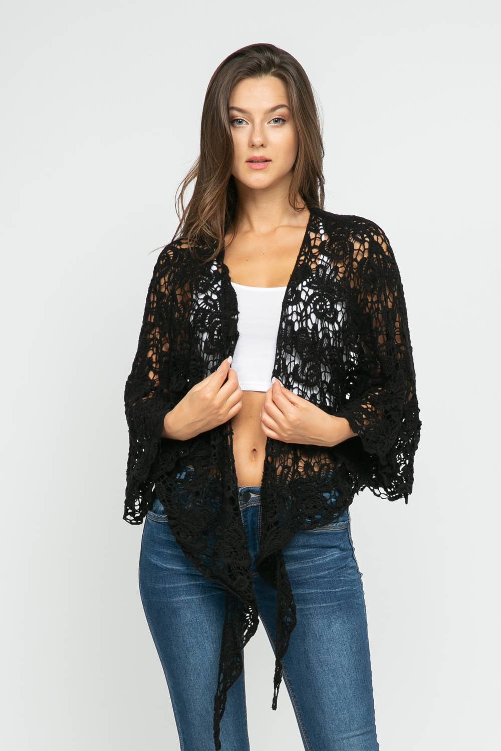 Talita Crochet Black Kimono Wrap - ivyandlavyboutique Raj Trading & Imports (USA) Inc.