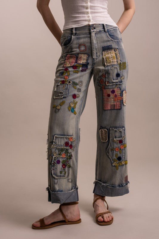 The Artist Patchwork Wide Leg Denim Jean - ivyandlavyboutique Blue Velvet