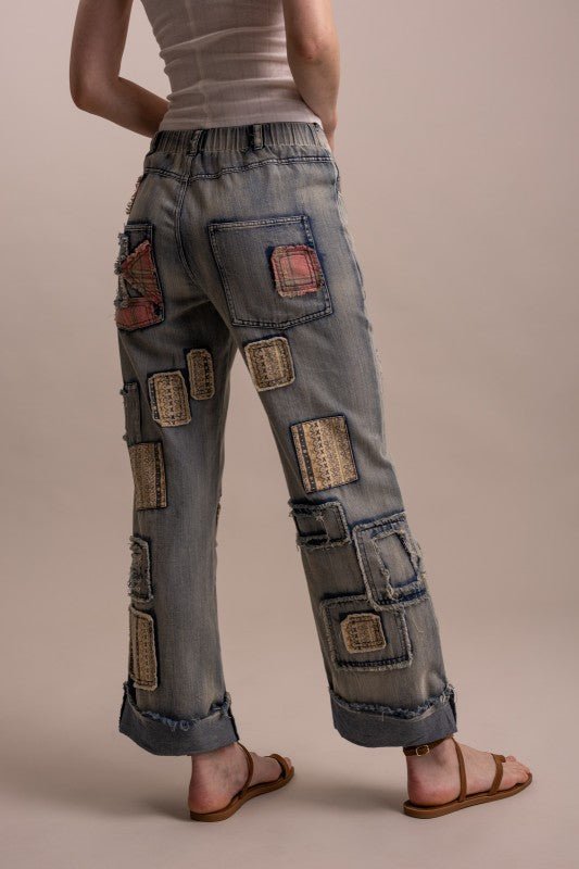 The Artist Patchwork Wide Leg Denim Jean - ivyandlavyboutique Blue Velvet