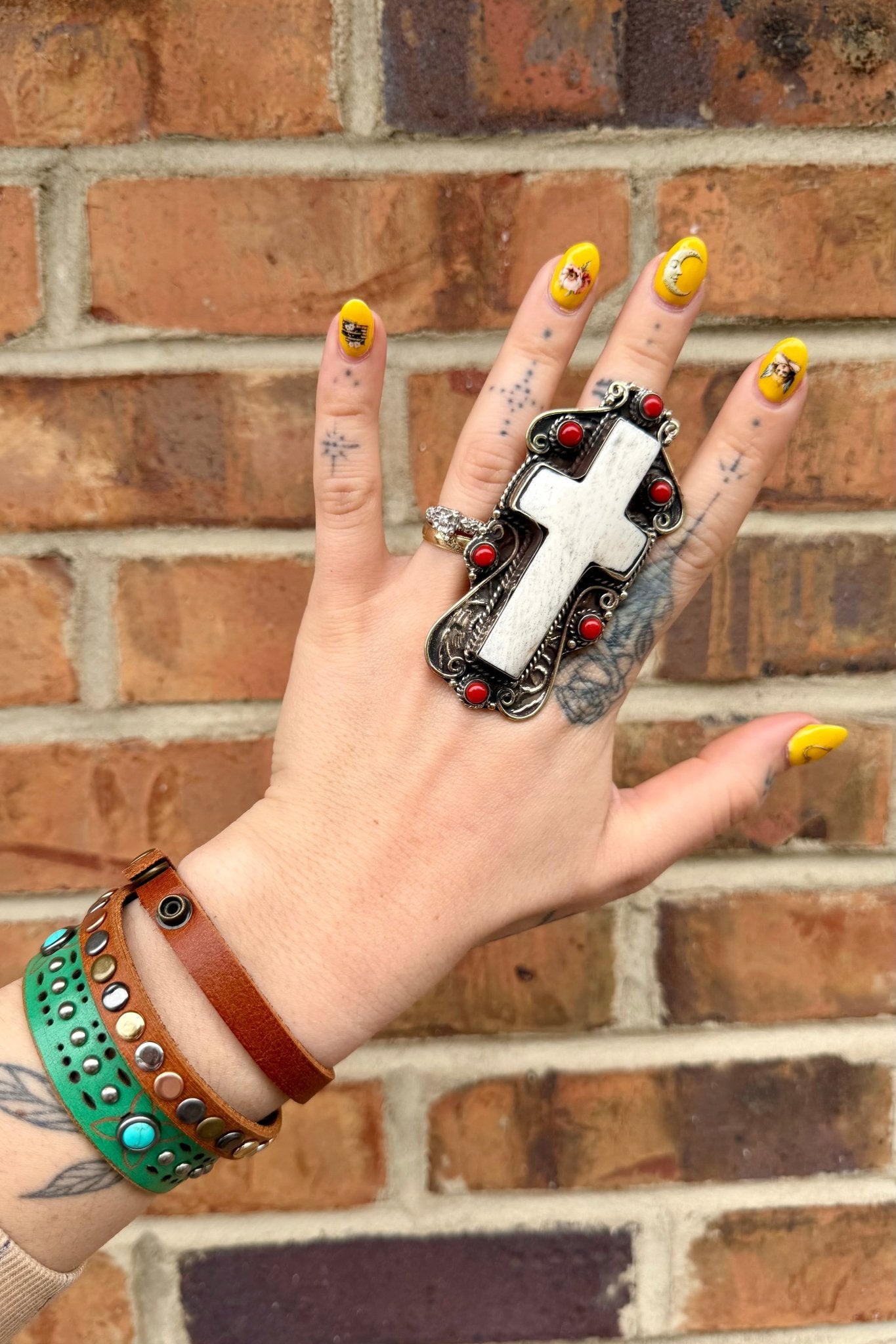 The Cross Ring Etched w/ Bone & Carnelian - ivyandlavyboutique ivyandlavyboutique