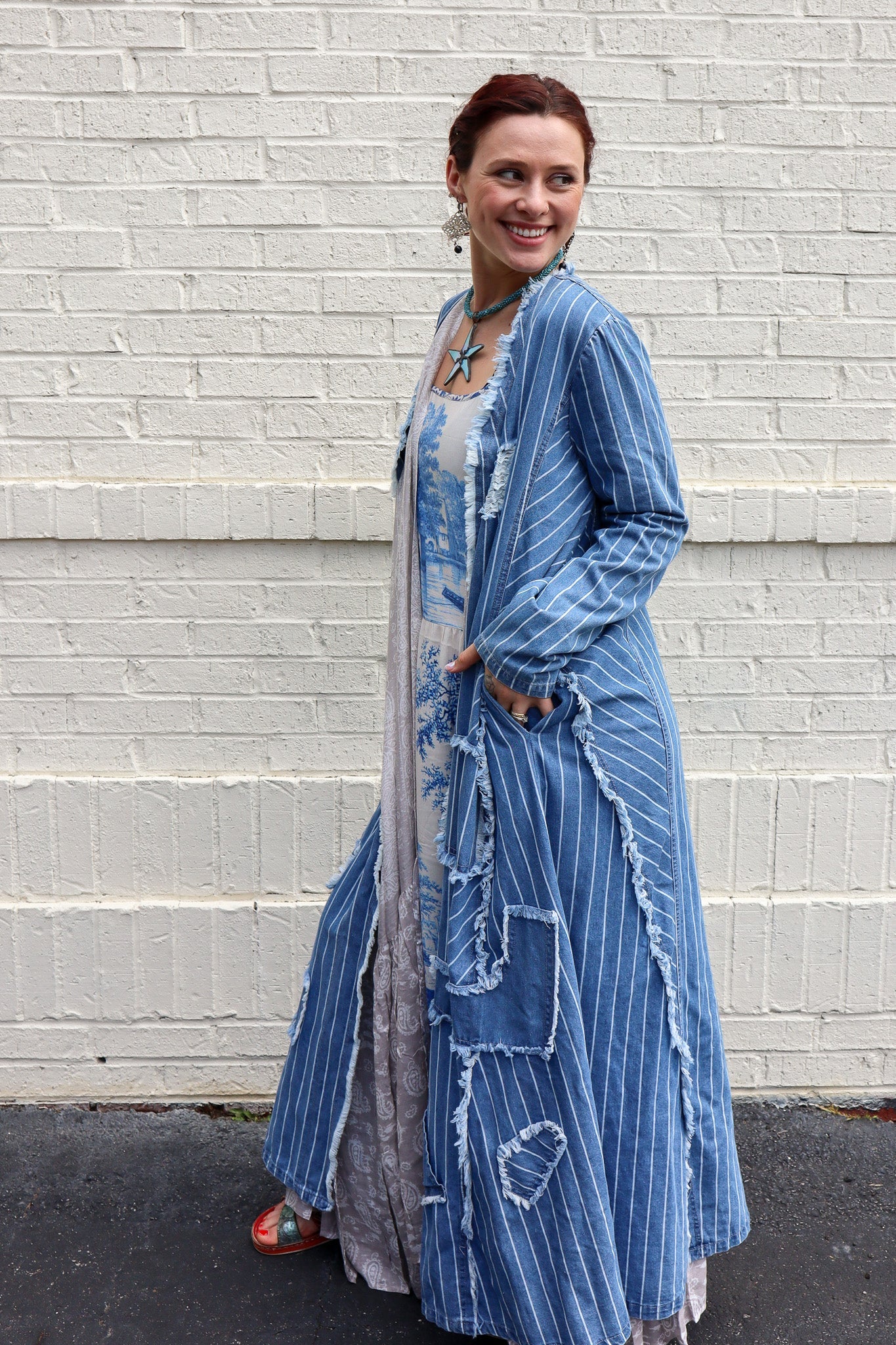 The Everyday Casual Long Sleeve Frayed Denim Duster Jacket - ivyandlavyboutique Blue Velvet