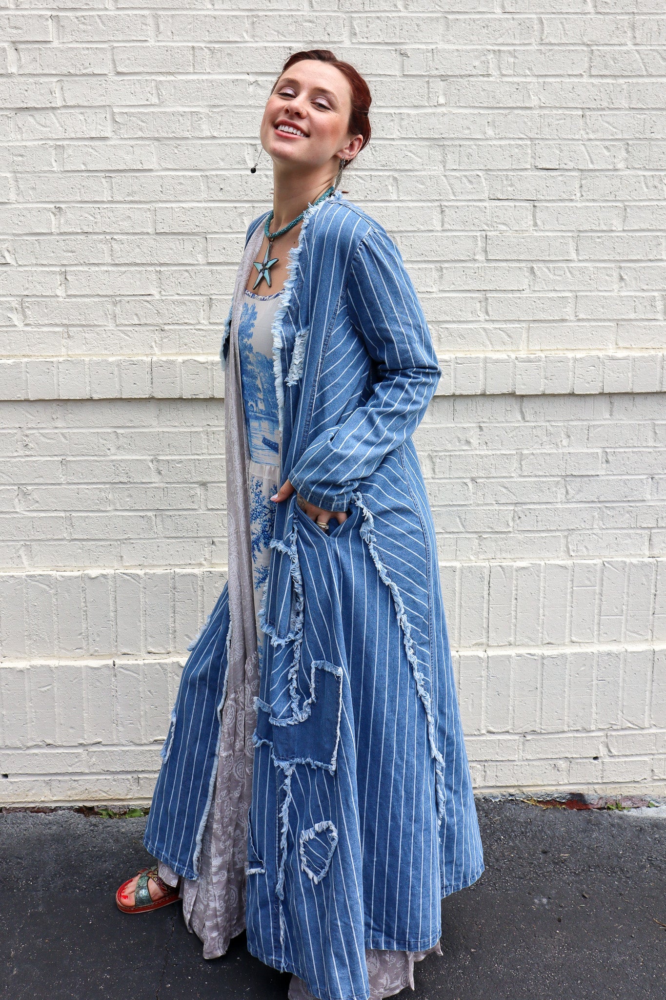 The Everyday Casual Long Sleeve Frayed Denim Duster Jacket - ivyandlavyboutique Blue Velvet