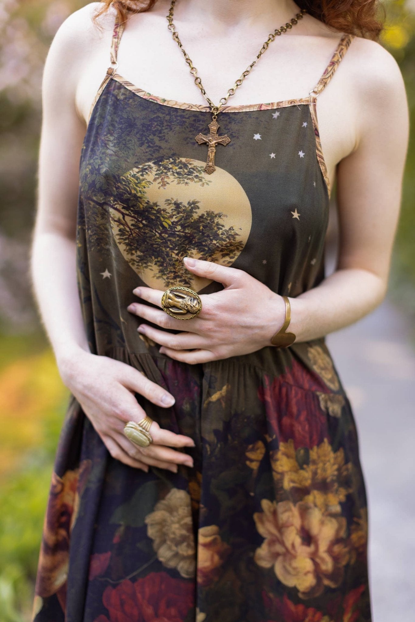 The Messenger Long Maxi Slip Dress w/ Joan of Arc & Florals - ivyandlavyboutique Market of Stars (USA)