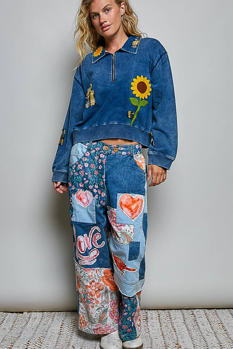 The Picasso Mixed-Print Patchwork Vintage Wide-Leg Contrast Denim Pants - ivyandlavyboutique Pol Clothing