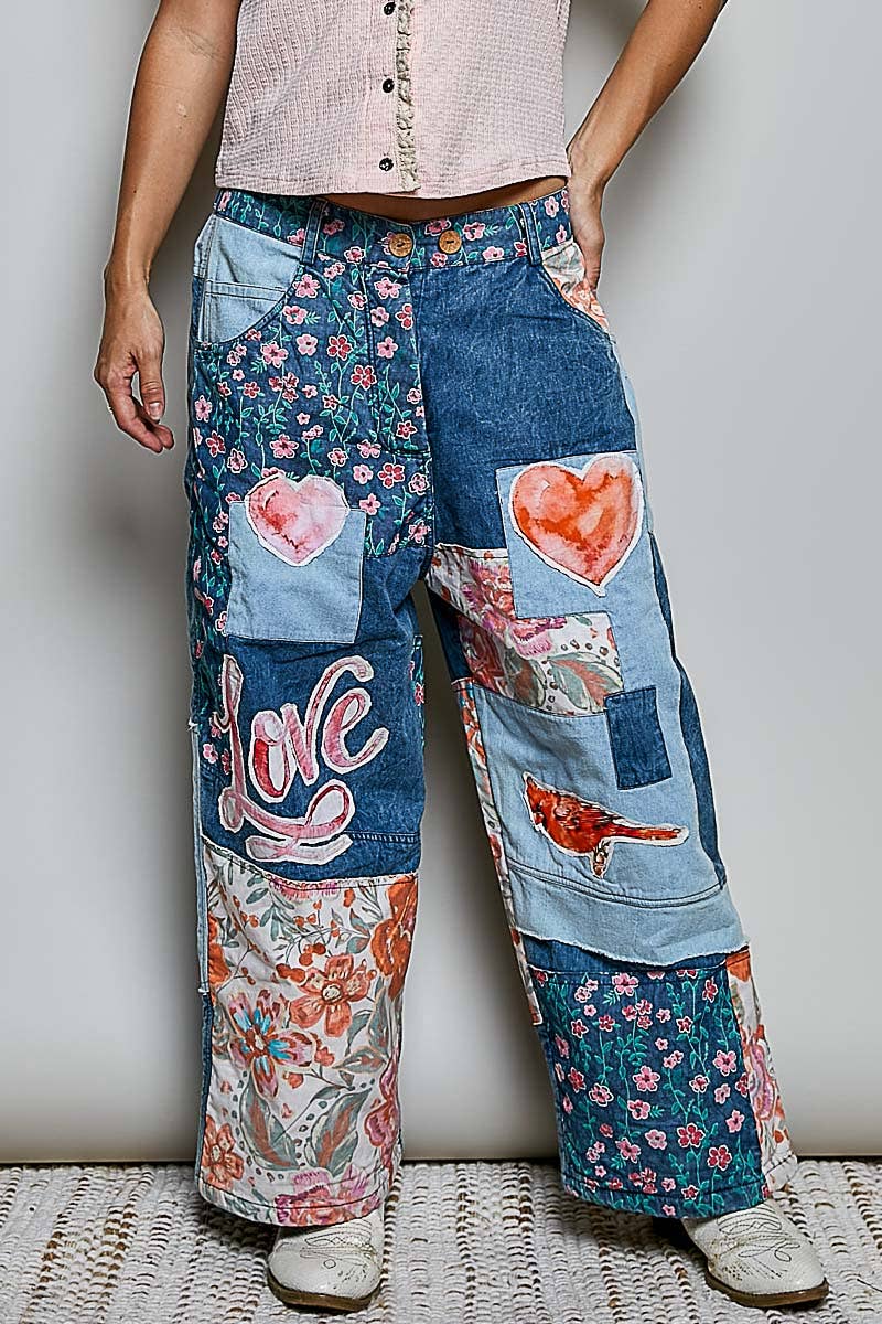 The Picasso Mixed-Print Patchwork Vintage Wide-Leg Contrast Denim Pants - ivyandlavyboutique Pol Clothing