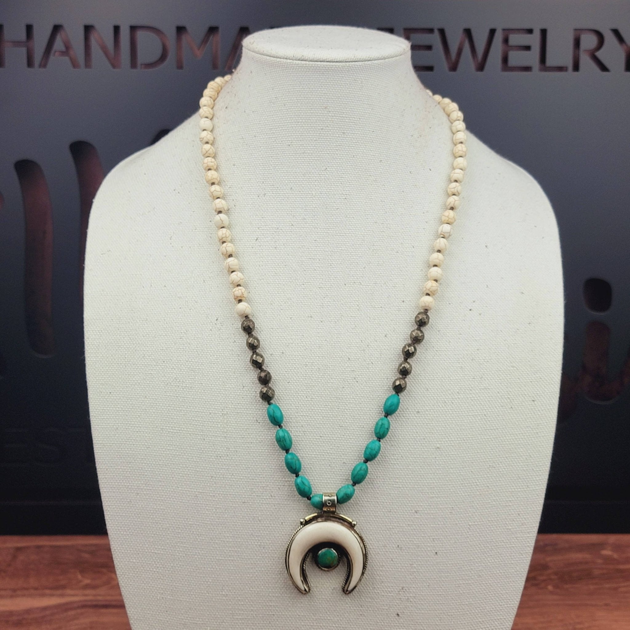 Tibetan Bone & Turquoise Naja Pendant Beaded Necklace - ivyandlavyboutique ZINC Designs