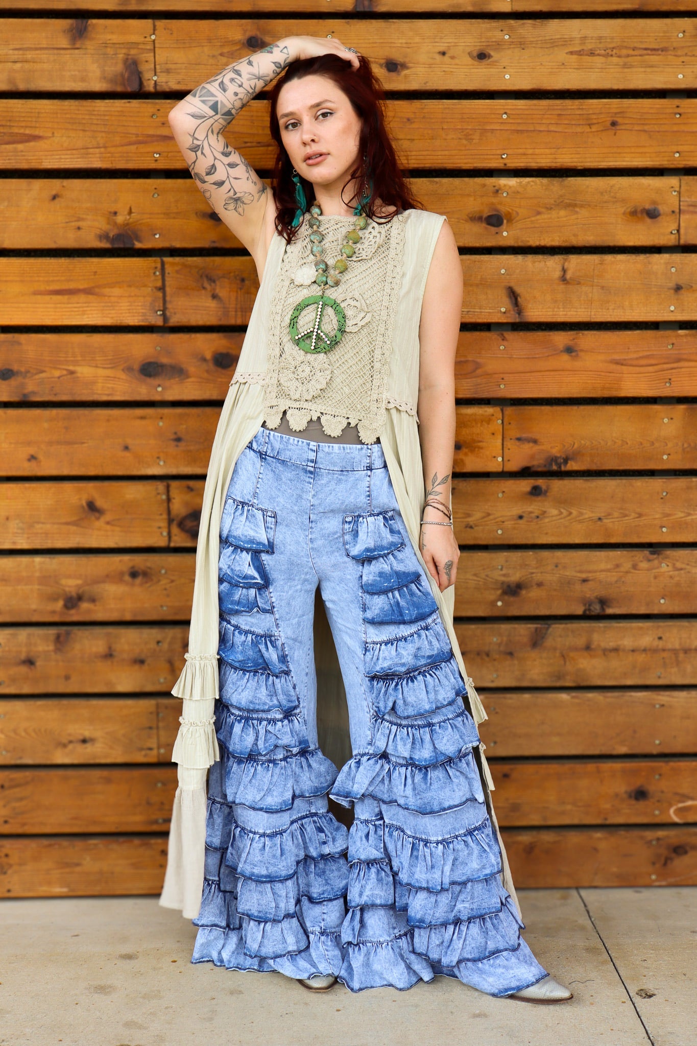 Tiered Ruffle Bell Bottom Denim Pants - ivyandlavyboutique Blue Velvet