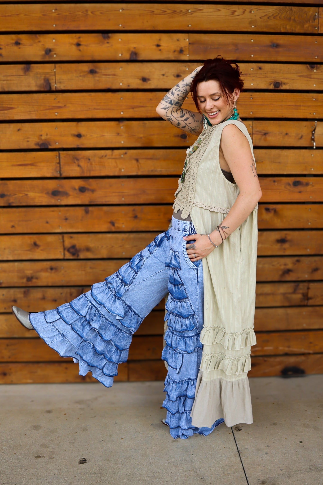 Tiered Ruffle Bell Bottom Denim Pants - ivyandlavyboutique Blue Velvet