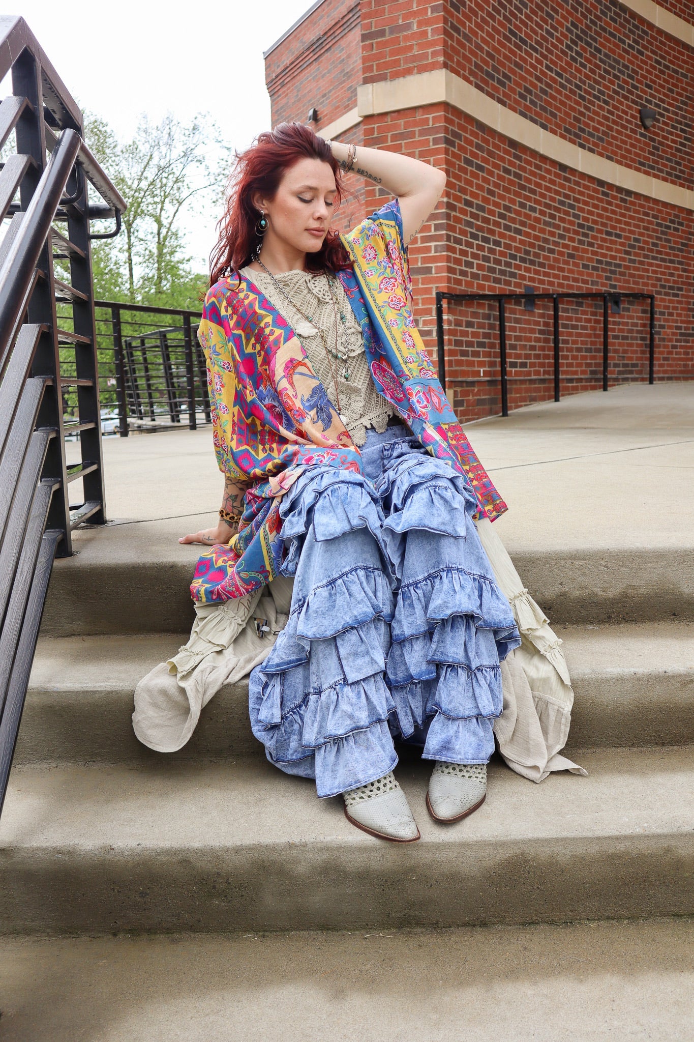 Tiered Ruffle Bell Bottom Denim Pants - ivyandlavyboutique Blue Velvet